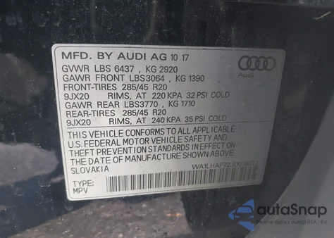 2018 Audi Q7 2.0T Premium from USA, damaged, VIN WA1LHAF72JD019072